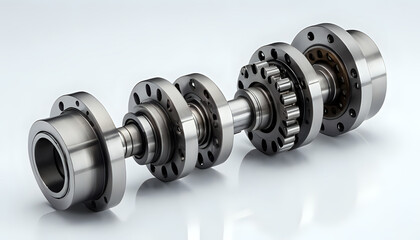 Exploded view of mechanical shaft assembly with bearings and flanges