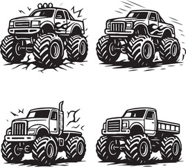 monster trucks black and white vector illustration set.eps © Bui