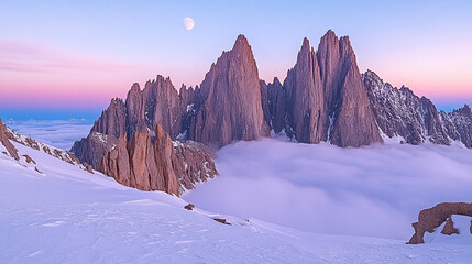 Majestic mountain peaks emerge from swirling clouds under a twilight sky with a crescent moon