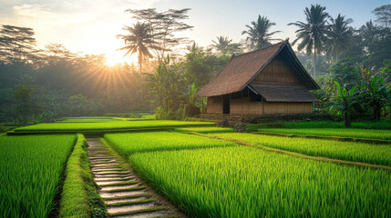 Idyllic sunrise over traditional house amidst vibrant green rice paddies, evoking serenity and rural beauty