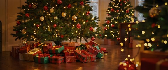Fototapeta premium Christmas trees with lights and ornaments, surrounded by wrapped gifts on a wooden floor, creating festive holiday