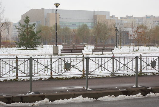 A public city park on a cloudy winter day, Battle Brotherhood Park, Saint Petersburg, Russia, November 26, 2025