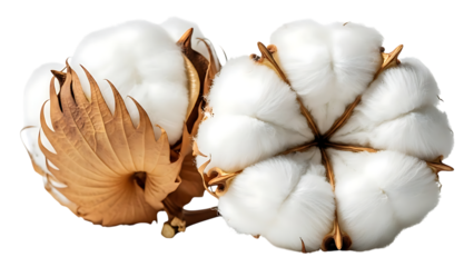 Two Cotton Bolls with Dry Leaves on Black Background Keywords: cotton, cotton boll, plant, fiber