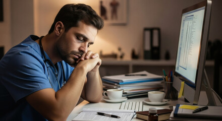 Tired doctor at desk needing rest after long shift, professional burnout concept, medical fatigue, healthcare worker stress, feeling overwhelmed, eyes closed