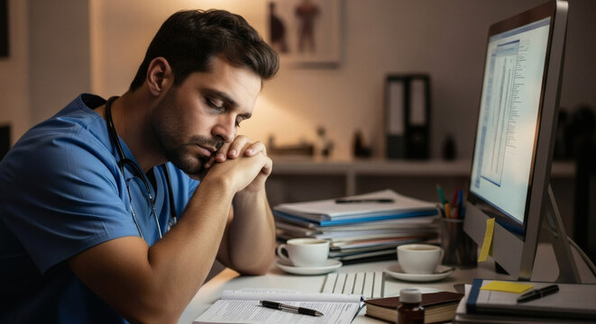 Tired doctor at desk needing rest after long shift, professional burnout concept, medical fatigue, healthcare worker stress, feeling overwhelmed, eyes closed