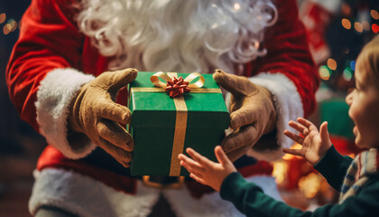 Santa Claus presents a festive green gift box to a child with a joyful holiday spirit