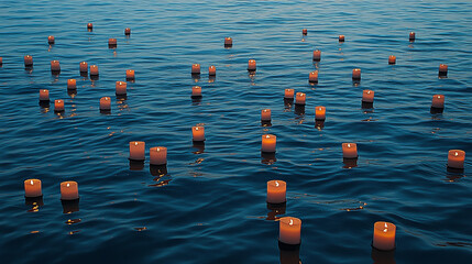 Floating Candles on Water at Dusk A Peaceful Scene of Reflection and Remembrance for Social Events