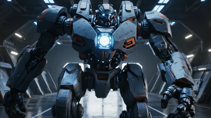 Robot in Arc Shaped Building Illuminated by Soft Light, Conceptualizing Technological Innovation and Forward Thinking Design for Cooking Show Backgrounds or Restaurant Advertisements.