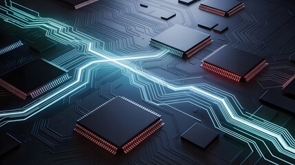 Futuristic circuit board with glowing blue data lines connecting processor chips for advanced digital technology and highspeed compute