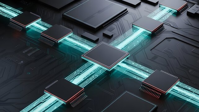 Advanced circuit board with glowing blue data paths connecting microchips, illustrating modern computing, ai, and digital technology
