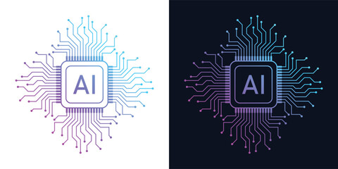 Artificial Intelligence AI Microchip with Neural Circuit Design. Vector Illustration of an AI Processor with Neural Circuitry Representing Machine Learning, Deep Learning and Intelligent Systems