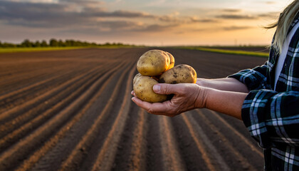 The potatoes freshly unearthed and held in muddy hands on a small organic farm

