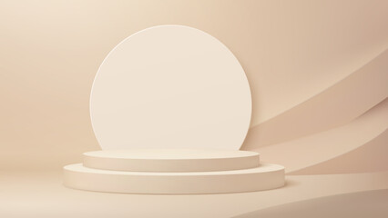 3d beige podium stage. Vector circular stand with soft shadows, round backdrop panel and abstract flowing background shape. Neutral elegant display scene for beauty product or cosmetic presentation