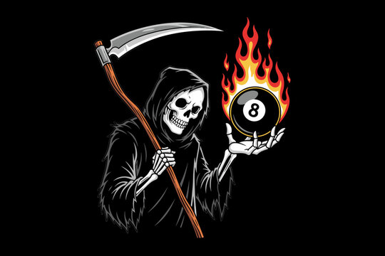Grim Reaper Holding Flaming Eight Ball.