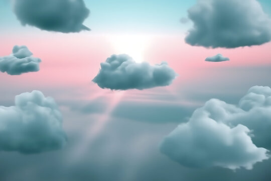 Dreamlike sky with soft pastel clouds and sunbeams breaking through creating a serene and ethereal atmosphere for fantasy or spiritual concepts - Powered by Adobe