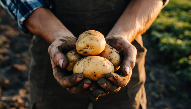 The potatoes freshly unearthed and held in muddy hands on a small organic farm
 - Powered by Adobe