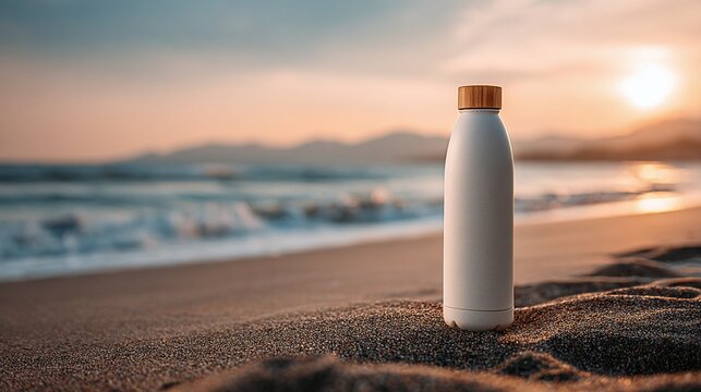 Stay hydrated in style with a reusable water bottle on the beach, capturing the serenity of the ocean and the warmth of the setting sun. A perfect eco-conscious choice!