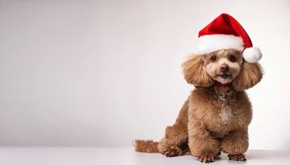 poodle with santa hat on white background; free space for text