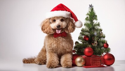 poodle with santa hat sitting next to christmas tree on white background; free space for text