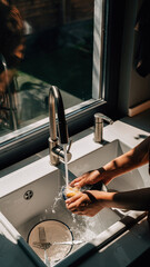 The Hands Washing Dishes in a Bright Modern Kitchen Sink with Sunlight
