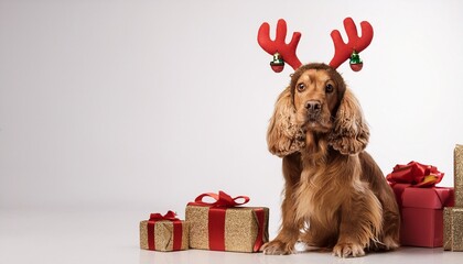 cocker spaniel with antlers headban sitting next to christmas gifts on white background; free space for text