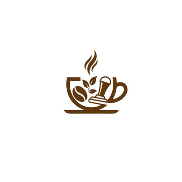 Brown coffee cup logo with steam, coffee bean, leaves, and tamper, symbolizing a rich coffee experience and quality brewing, isolated on