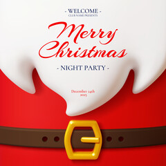 Christmas party invitation flyer with 3d Santa Claus costume, fluffy white beard, golden belt buckle and festive text. Vector banner with red Noel suit, template for greeting message or celebration