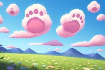 Whimsical pink bunny paws float playfully in a vibrant blue sky above a lush green meadow dotted with colorful flowers and rolling hills under a bright sunny day