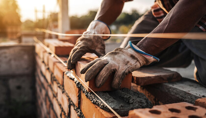professional construction worker laying bricks and building barbecue in industrial site. Detail of hand adjusting bricks
