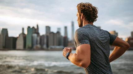 A man's invigorating outdoor run against the backdrop of the cityscape fosters wellness & fitness. The runner is maintaining a healthy lifestyle through physical activity.