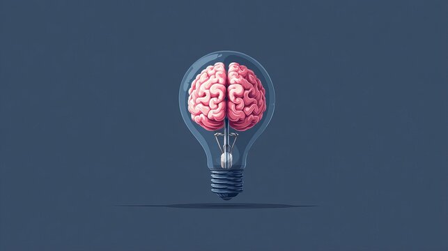 Brainstorming for innovative ideas with a lightbulb shaped brain, symbolizing creativity and intelligence on a dark blue background, modern and conceptual