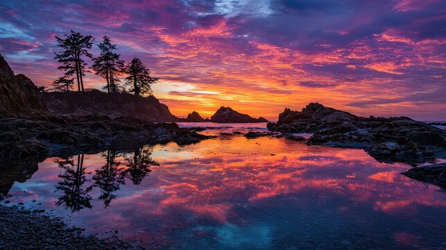 Experience a vibrant coastal sunset as fiery clouds meet the calm ocean waters, reflected beautifully amidst rocky shores and tranquil tide pools, a peaceful escape