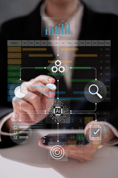 Professional entrepreneur businessman using ai artificial intelligence improve business workflow flowchart diagram system algorithm project management planning strategy data analysis laptop streamline
