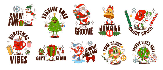 Funky Christmas y2k groovy hippie xmas character stickers. Vector retro funny cartoon holiday vintage snowman, gift box, Santa Claus, ornament, candy, tree, bell, cup, skating ball and disco ball