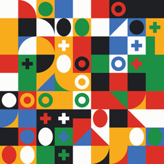 Obraz premium Abstract geometric pattern with colorful shapes and squares.