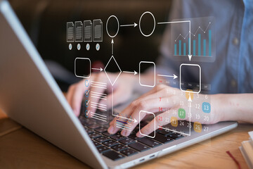 Professional entrepreneur businessman workflow process project management planning strategy system data analysis marketing flowchart algorithm laptop business concept