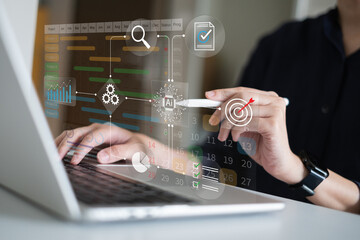 Professional entrepreneur businessman using ai artificial intelligence improve business workflow flowchart diagram system algorithm project management planning strategy data analysis laptop streamline