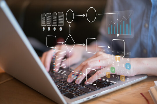 Professional entrepreneur businessman workflow process project management planning strategy system data analysis marketing flowchart algorithm laptop business concept