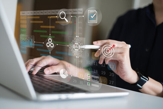 Professional entrepreneur businessman using ai artificial intelligence improve business workflow flowchart diagram system algorithm project management planning strategy data analysis laptop streamline