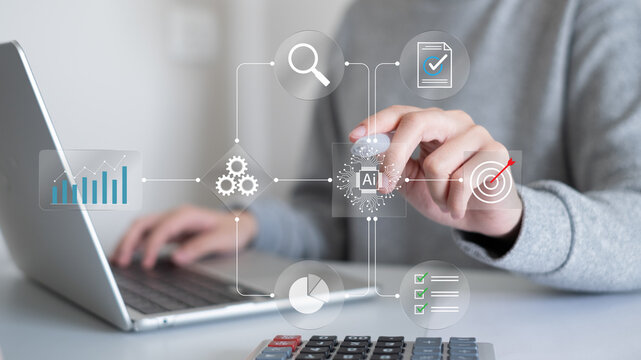 Professional entrepreneur businessman using ai artificial intelligence improve business workflow flowchart diagram system algorithm project management planning strategy data analysis laptop streamline