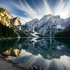 Serene Mountain Lake Reflection - A Breathtaking Landscape of Braies Lake.