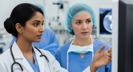 Dedicated medical team reviewing scans, ensuring patient health and safety, working together for excellence in healthcare, modern hospital environment