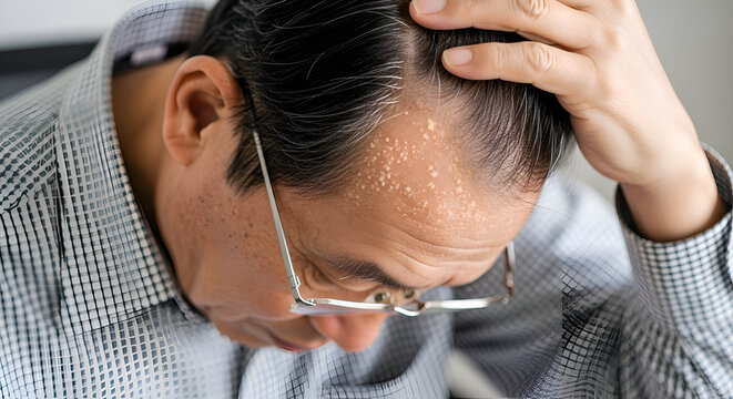 Close up overhead view of an older Asian man showing skin condition on his scalp and forehead with his hand touching his head possibly vitiligo or tinea versicolor