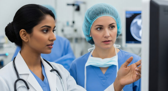 Dedicated medical team reviewing scans, ensuring patient health and safety, working together for excellence in healthcare, modern hospital environment