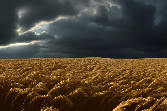 Golden wheat field under dramatic dark storm clouds with sunbeams breaking through the overcast sky creating a sense of hope and impending weather change