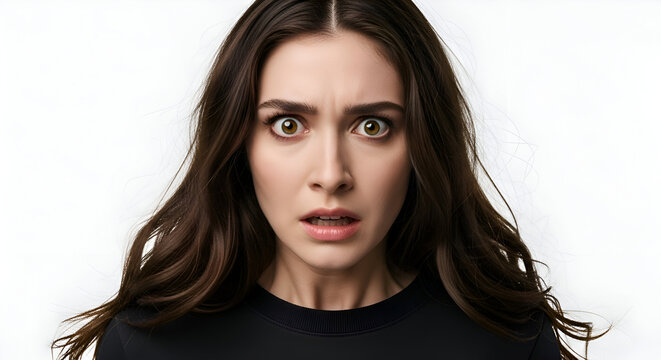 Shocked woman with wide open eyes and mouth slightly open expressing astonishment or disbelief or extreme fright close up portrait of beautiful brunette girl with long wavy hair looking directly 