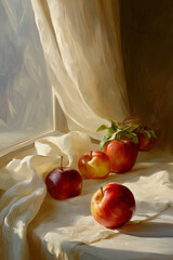Artistic still life of fresh apples arranged on soft white drapery, painted in an oil-style look. Warm light, subtle textures and a classic painterly atmosphere.