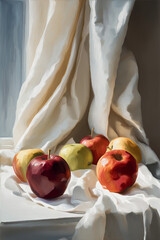 Artistic still life of fresh apples arranged on soft white drapery, painted in an oil-style look. Warm light, subtle textures and a classic painterly atmosphere.