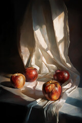 Artistic still life of fresh apples arranged on soft white drapery, painted in an oil-style look. Warm light, subtle textures and a classic painterly atmosphere.