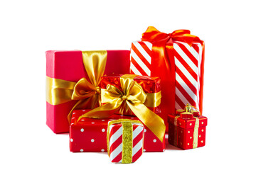 Elegant red gift boxes with bows isolated on a white background.